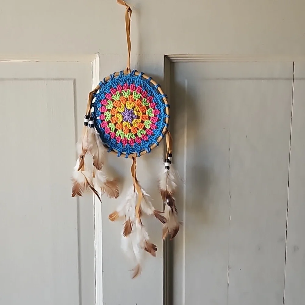Hand Crafted crochet dreamcatcher multicolored floral eclectic textile decor